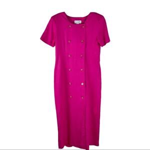 Vintage pink linen button 80s 90s mod rockabilly maxi dress 8